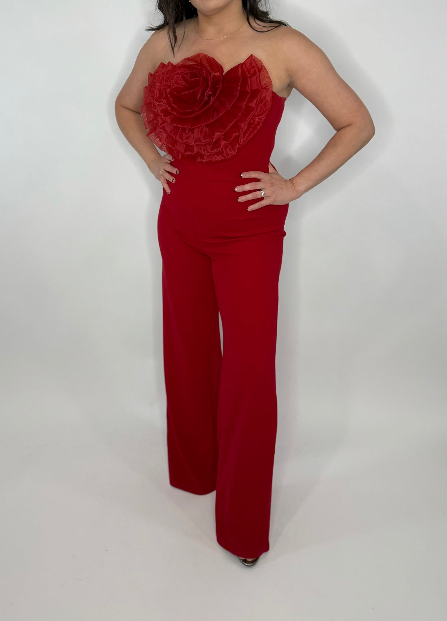 Organza Flower Detailed Fashion Jumpsuit - Red