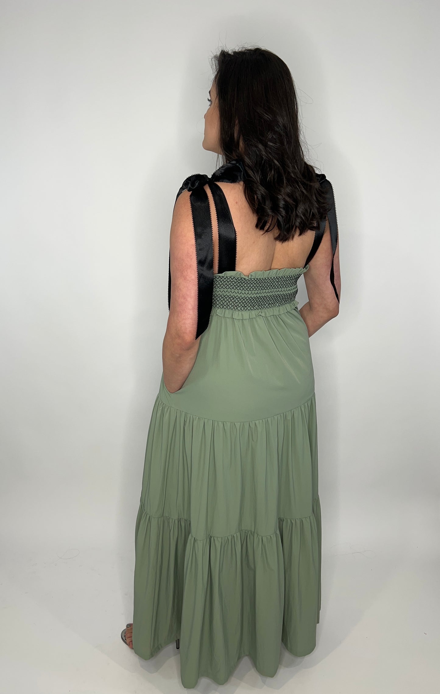 Smocked Bodice And Bow Tie Straps Maxi Dress