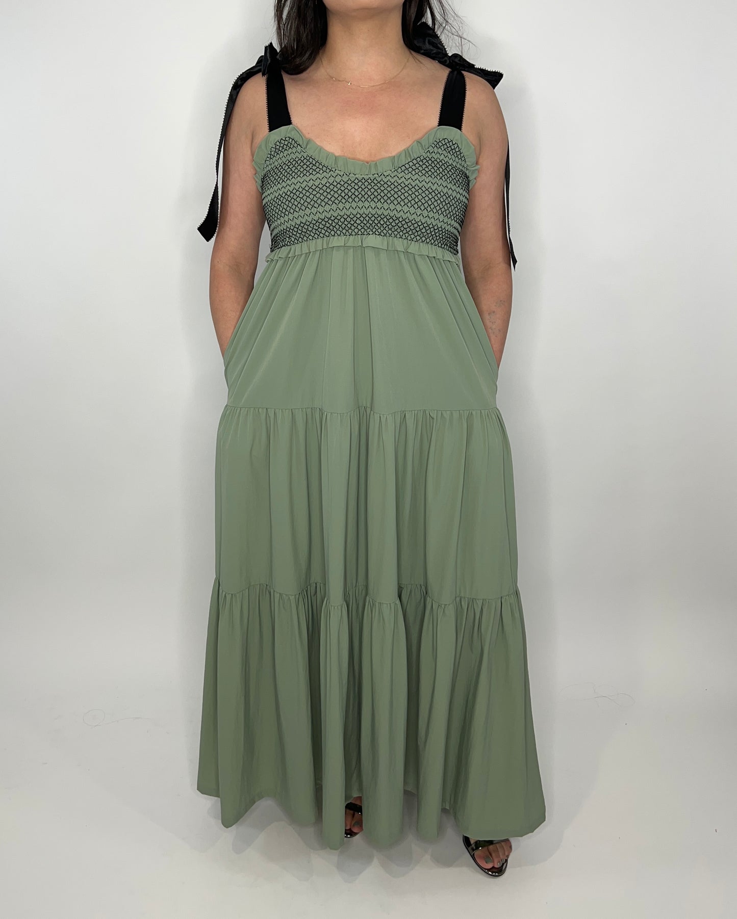 Smocked Bodice And Bow Tie Straps Maxi Dress
