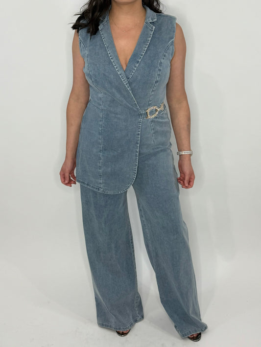 Washed Denim Stretch Fashion Jumpsuit