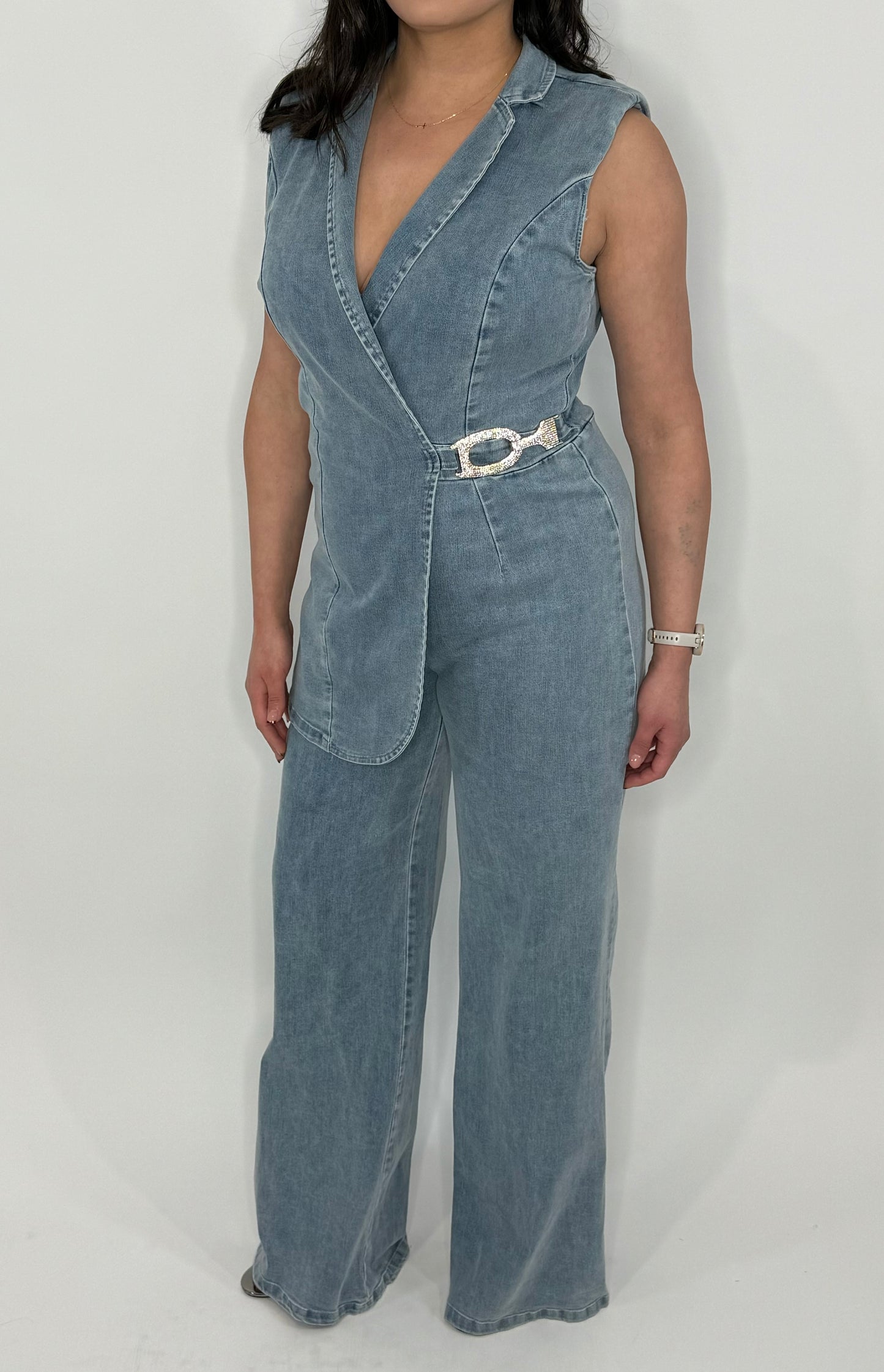 Washed Denim Stretch Fashion Jumpsuit