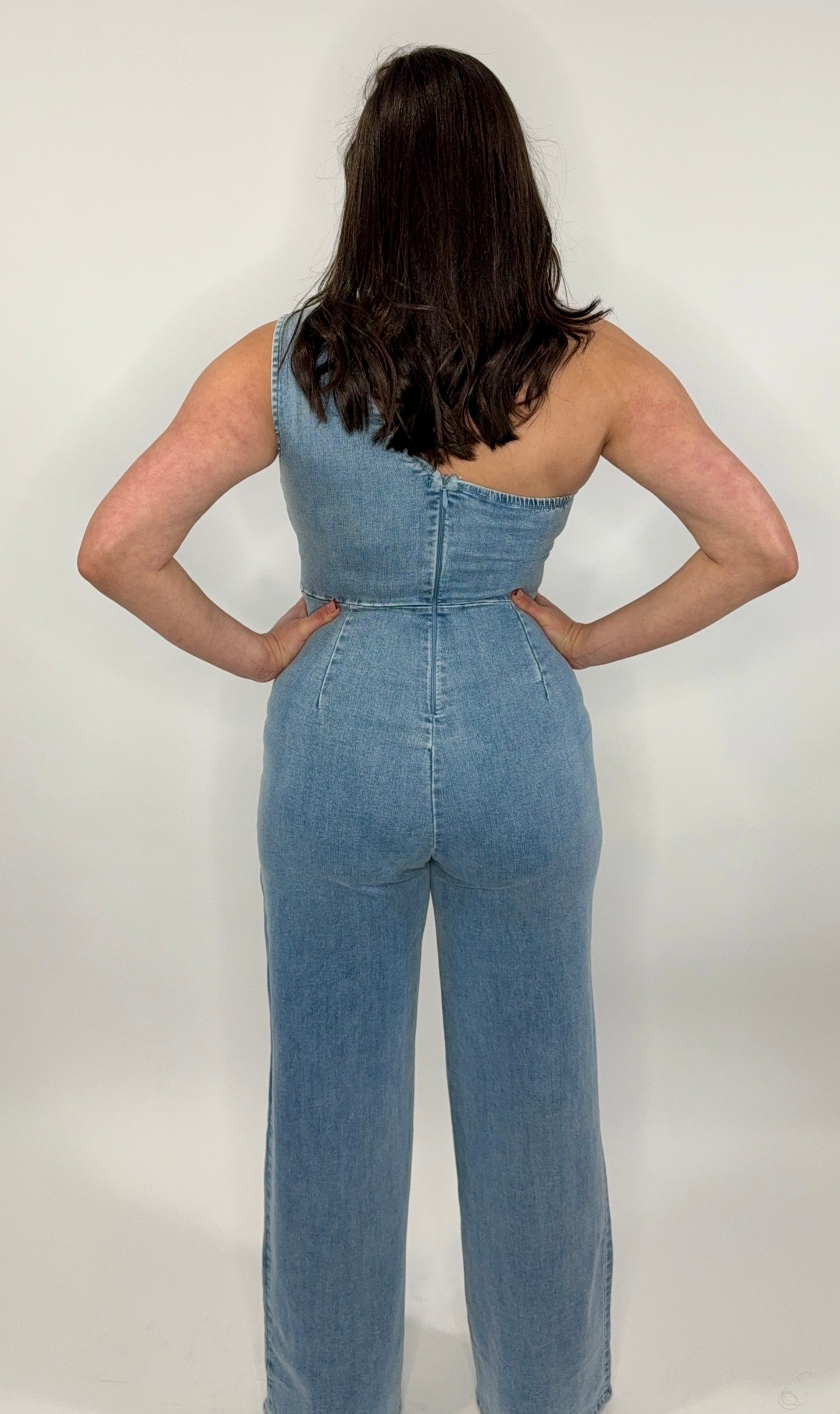 One Shoulder Denim Jumpsuit