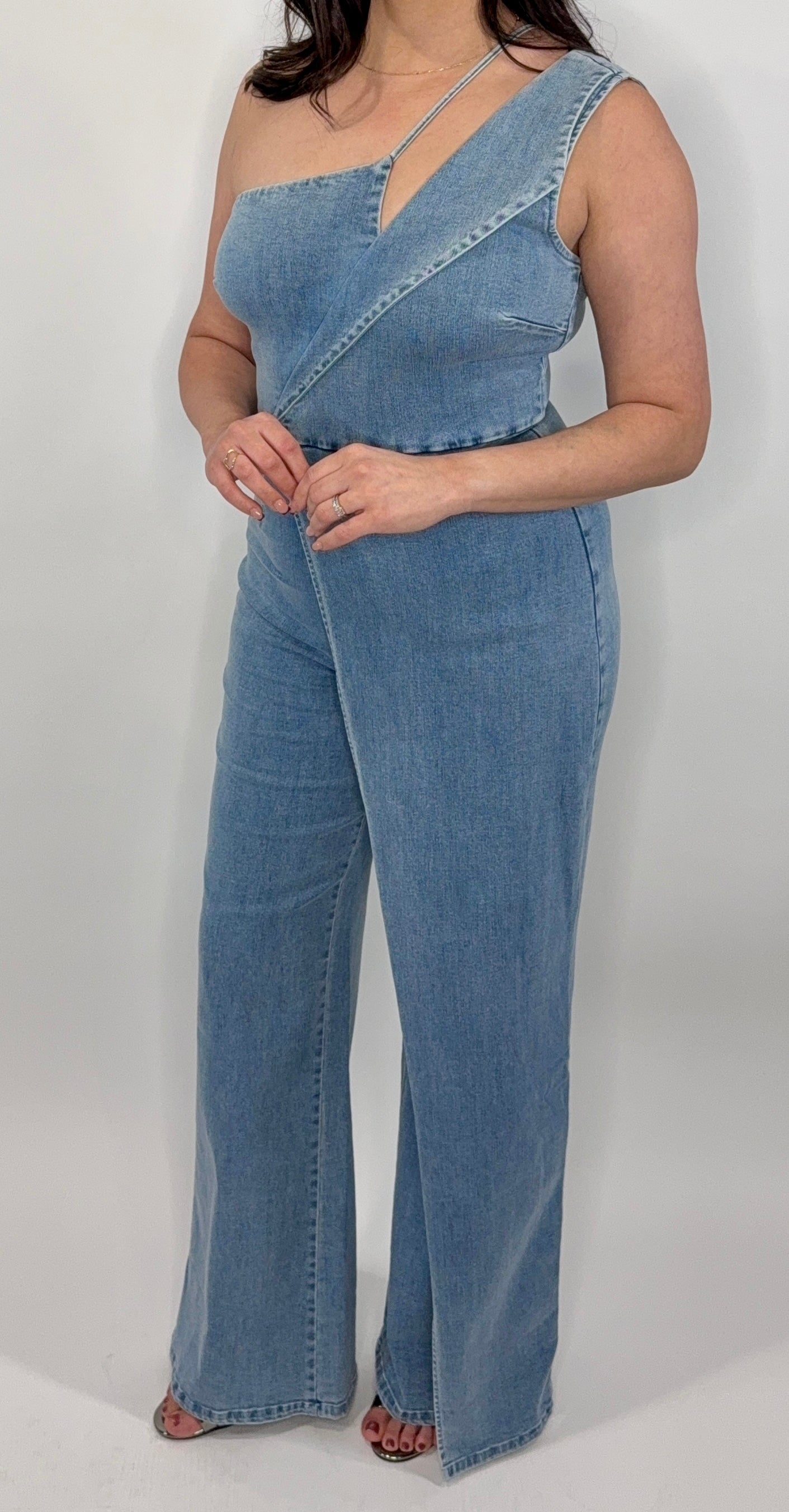 One Shoulder Denim Jumpsuit