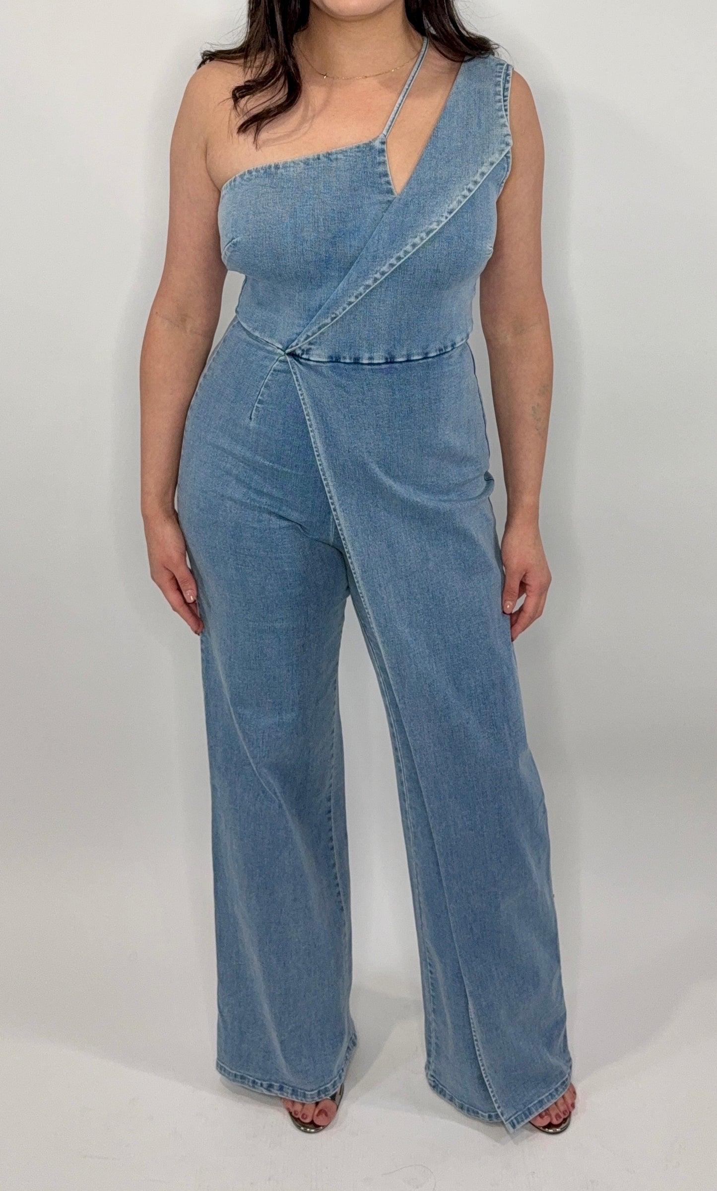 One Shoulder Denim Jumpsuit