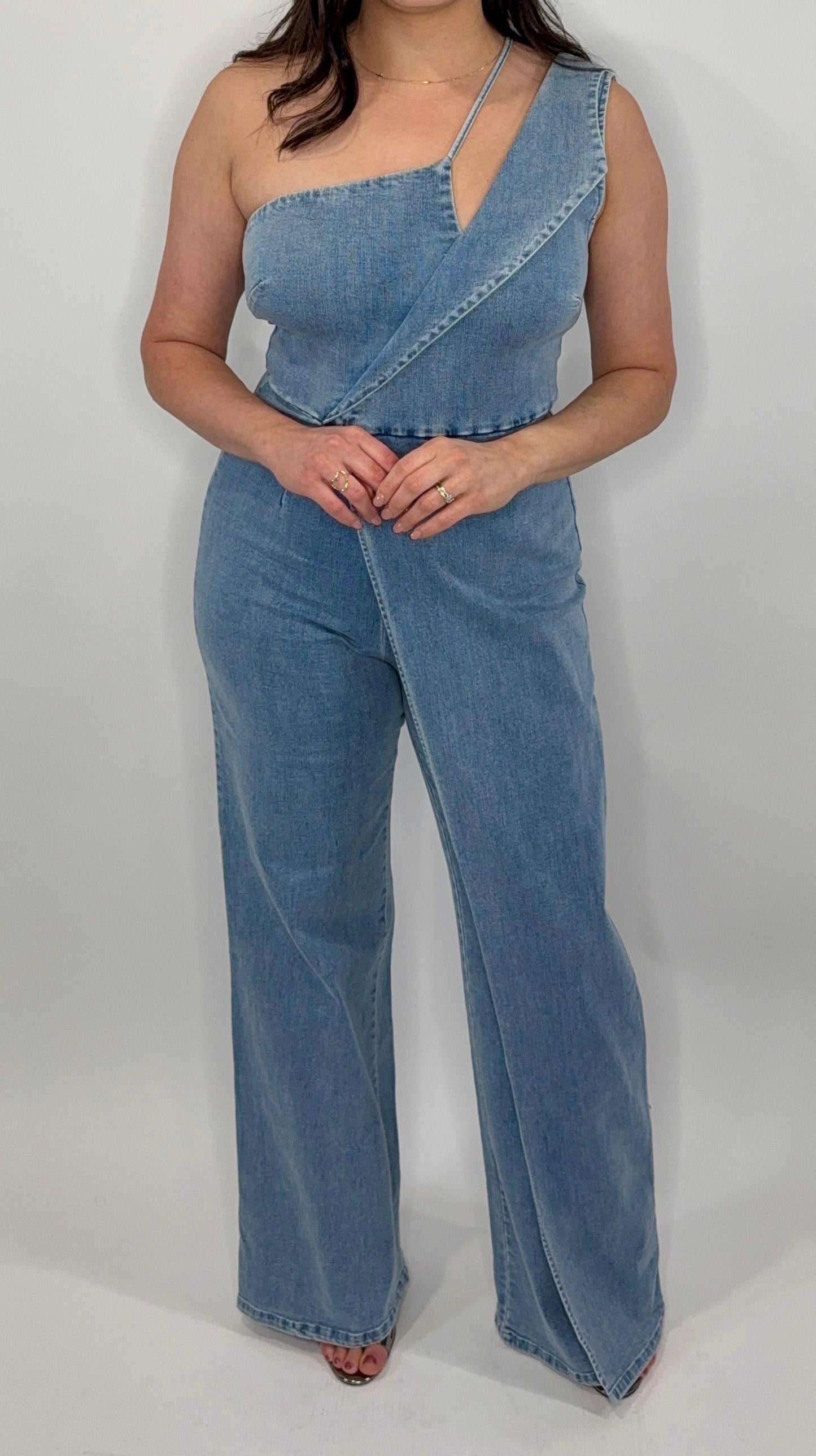 One Shoulder Denim Jumpsuit