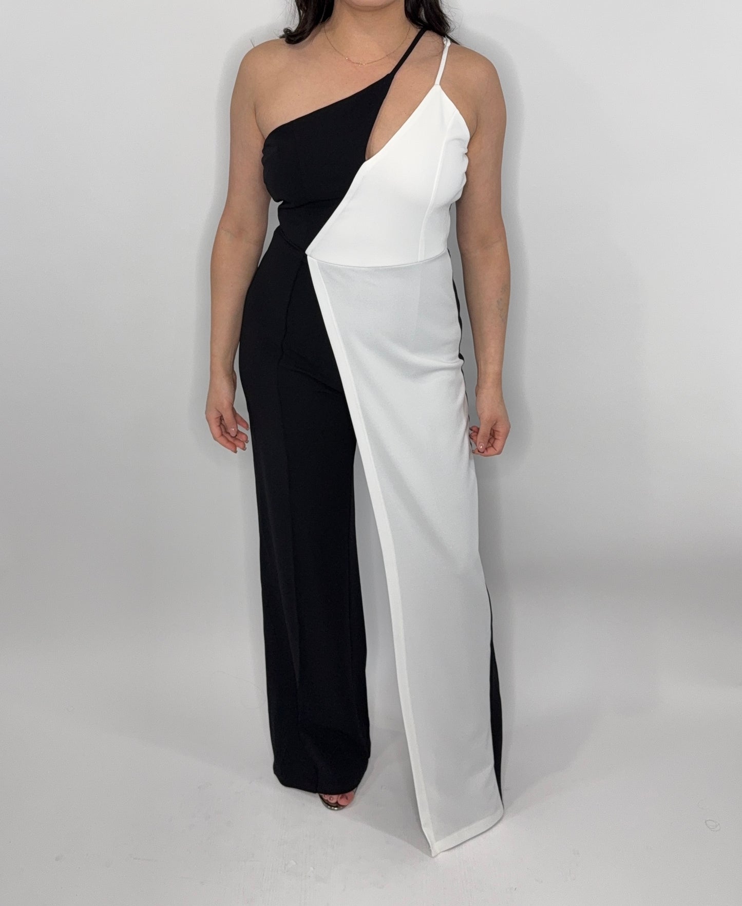 One Shoulder Black and White Jumpsuit