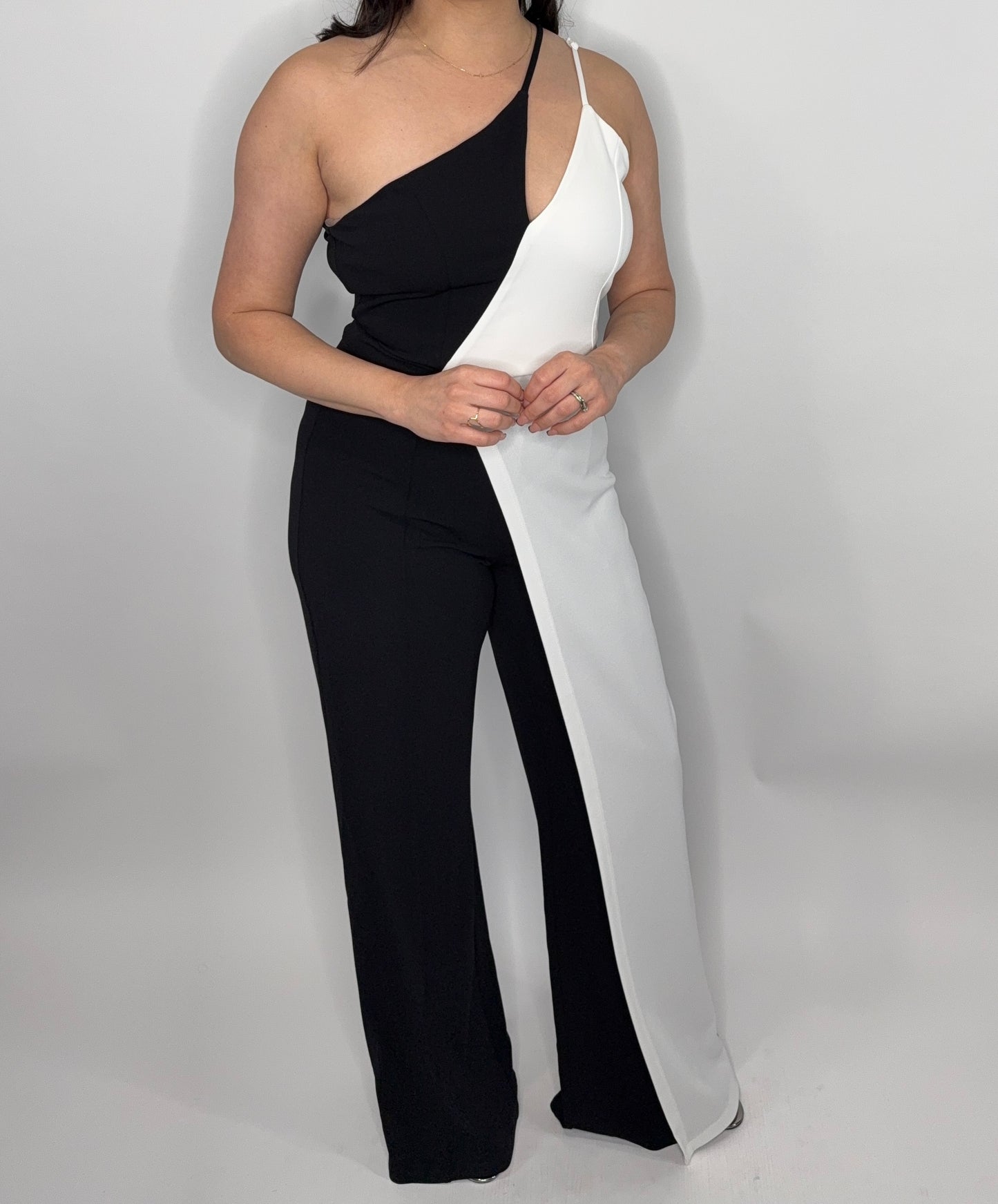 One Shoulder Black and White Jumpsuit