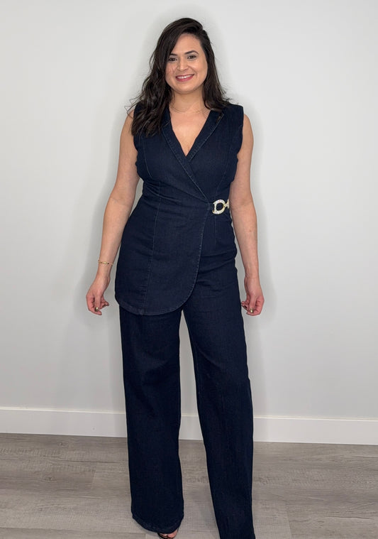 Dark Blue Denim Stretch Fashion Jumpsuit