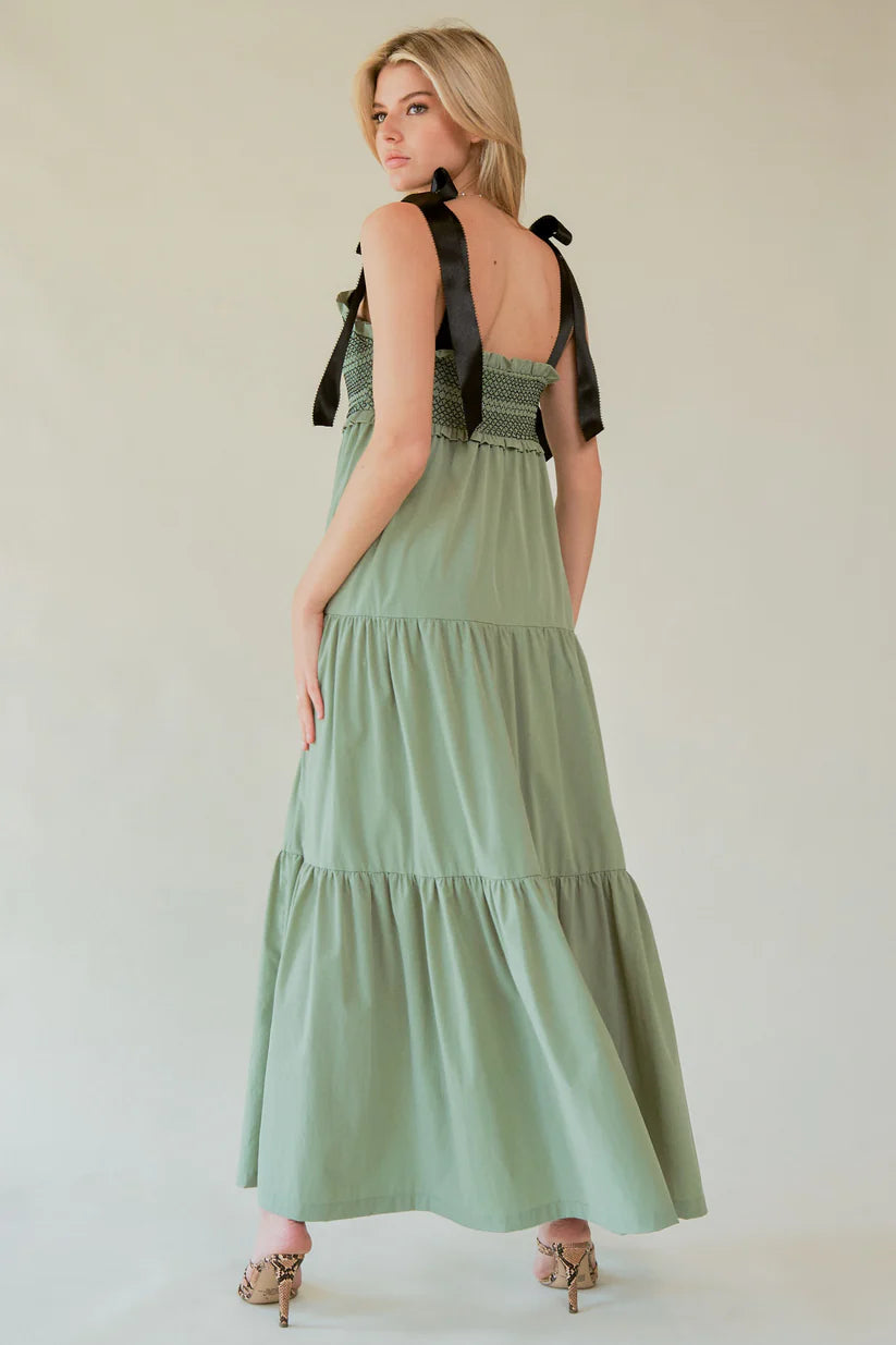 Smocked Bodice And Bow Tie Straps Maxi Dress