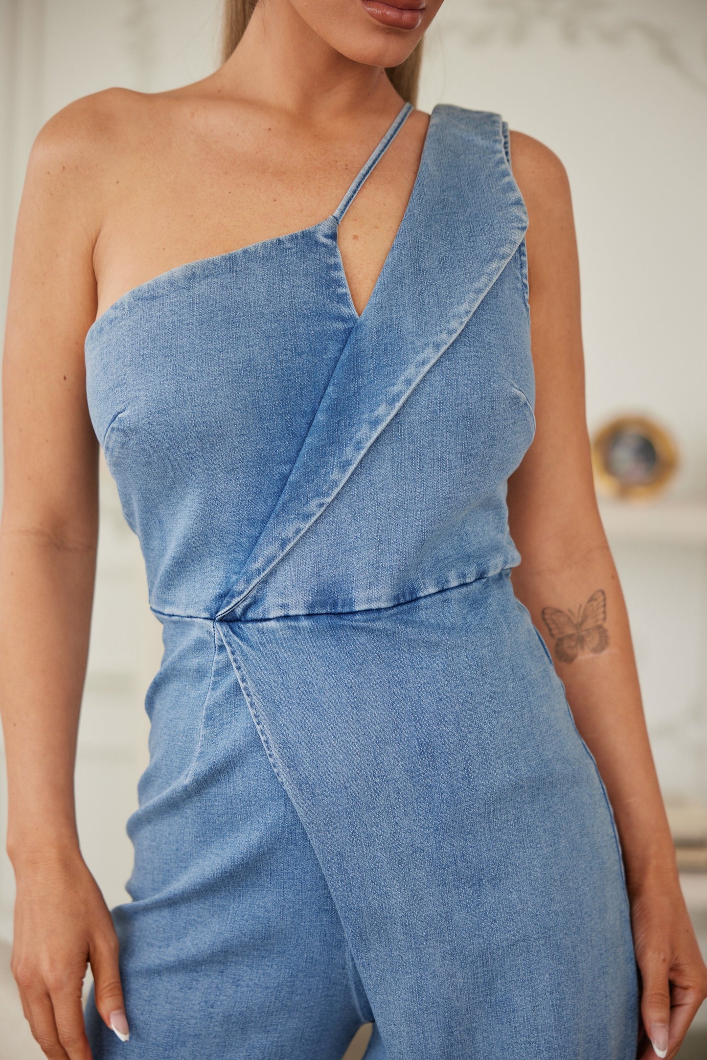 One Shoulder Denim Jumpsuit