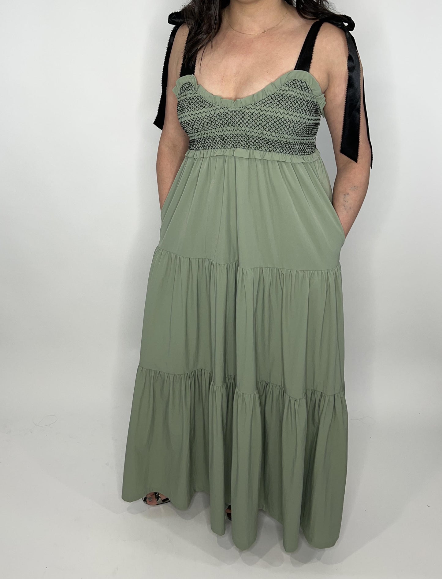 Smocked Bodice And Bow Tie Straps Maxi Dress