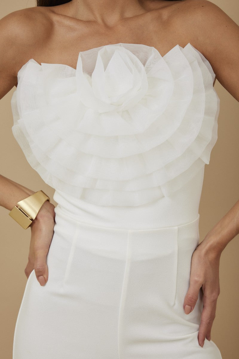 Organza Flower Detailed Fashion Jumpsuit - White