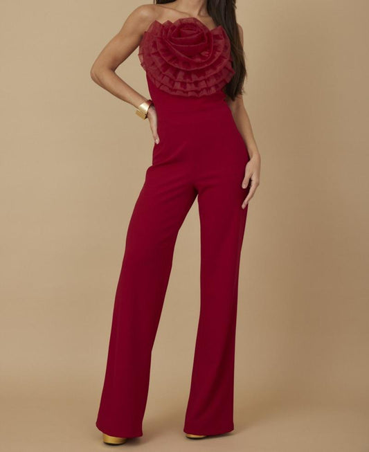 Organza Flower Detailed Fashion Jumpsuit - Red