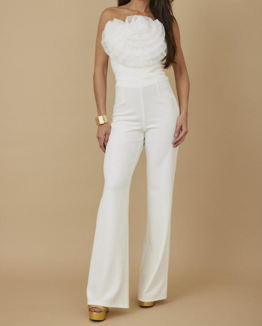 Organza Flower Detailed Fashion Jumpsuit - White