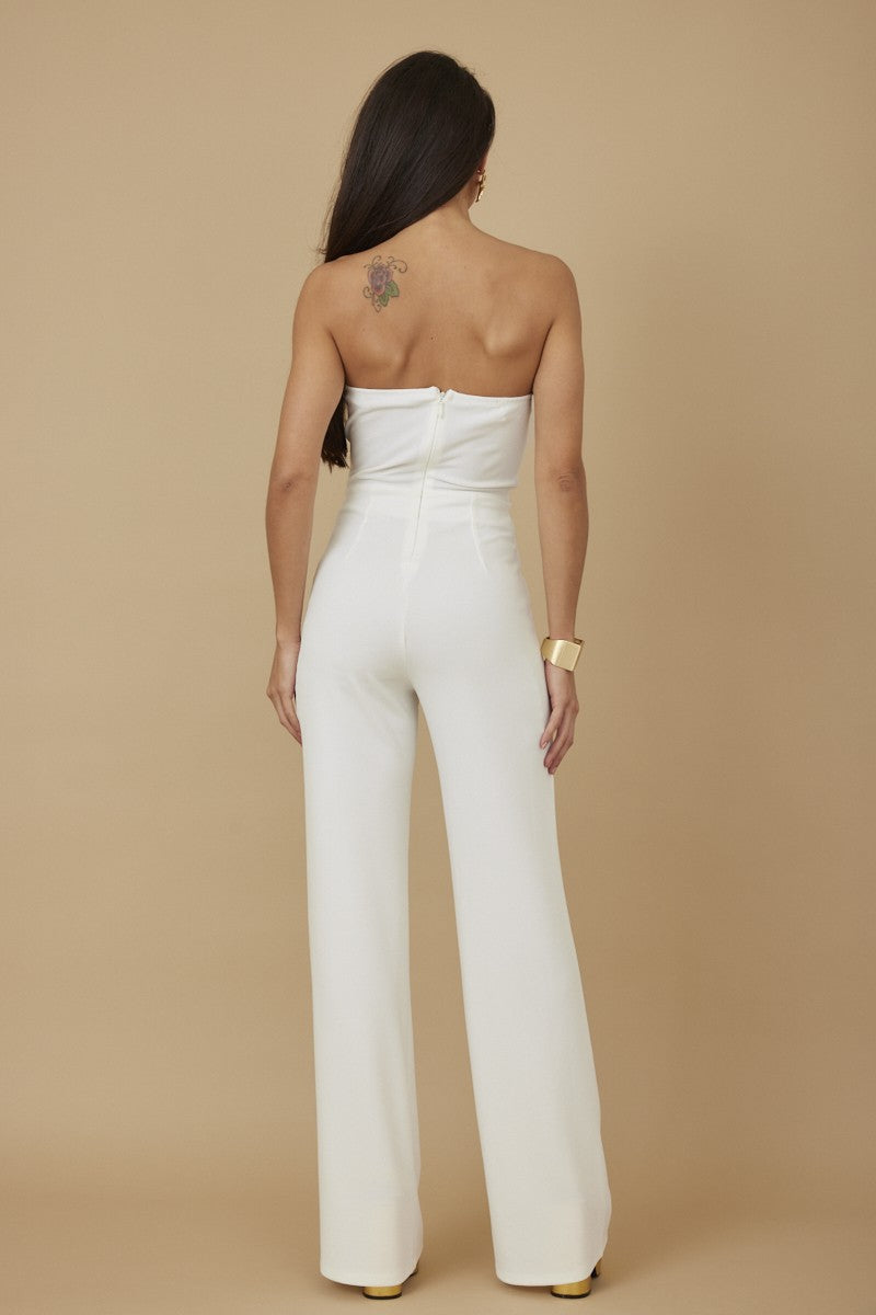 Organza Flower Detailed Fashion Jumpsuit - White