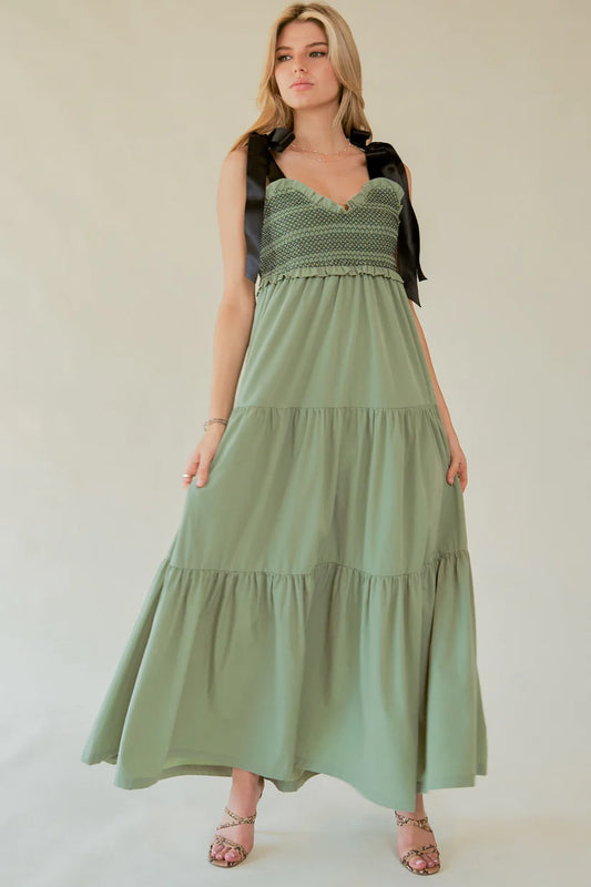Smocked Bodice And Bow Tie Straps Maxi Dress